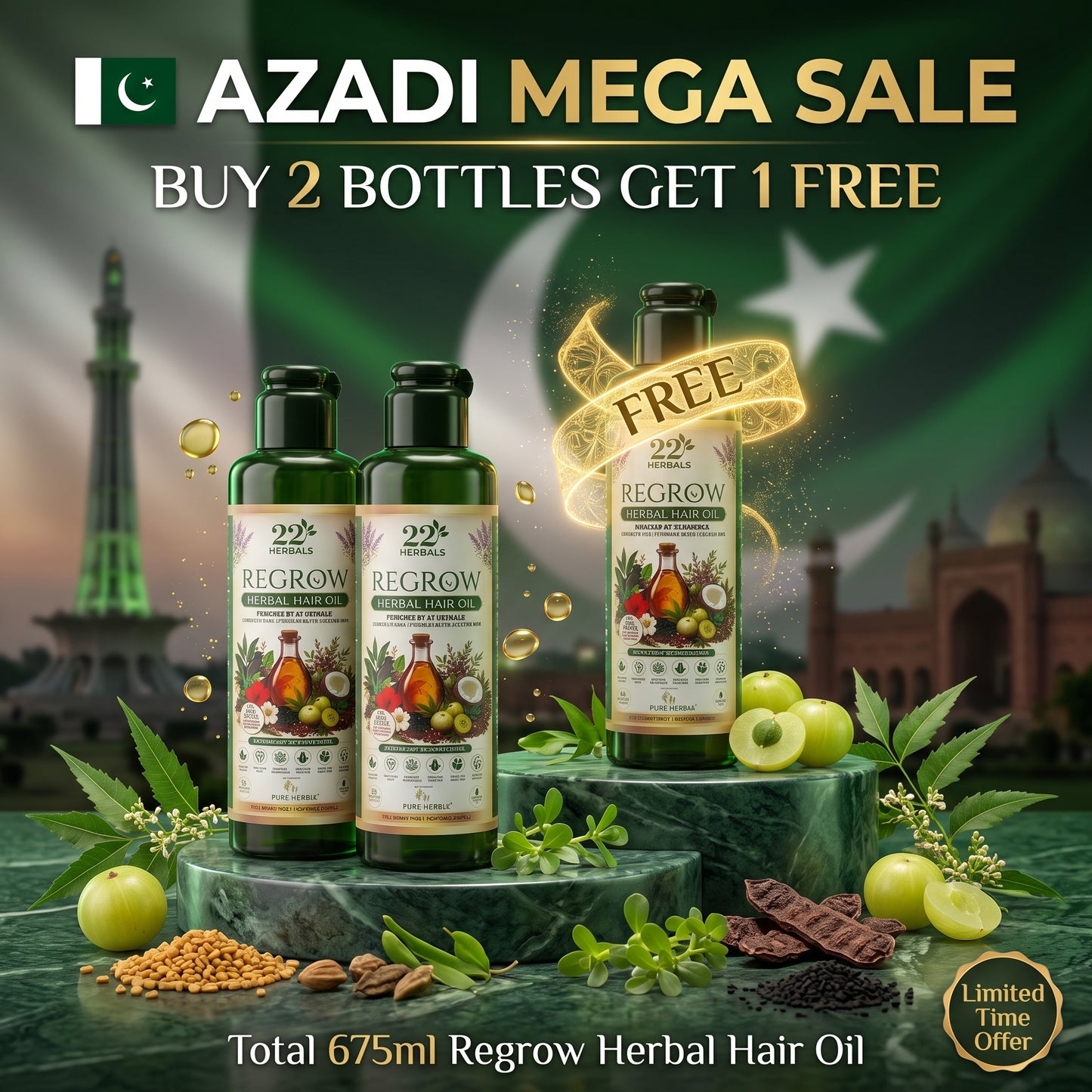 π΅π° Azadi Special | Buy 2 Get 1 FREE β Regrow Herbal Hair Oil | 3 x 225ml Bundle