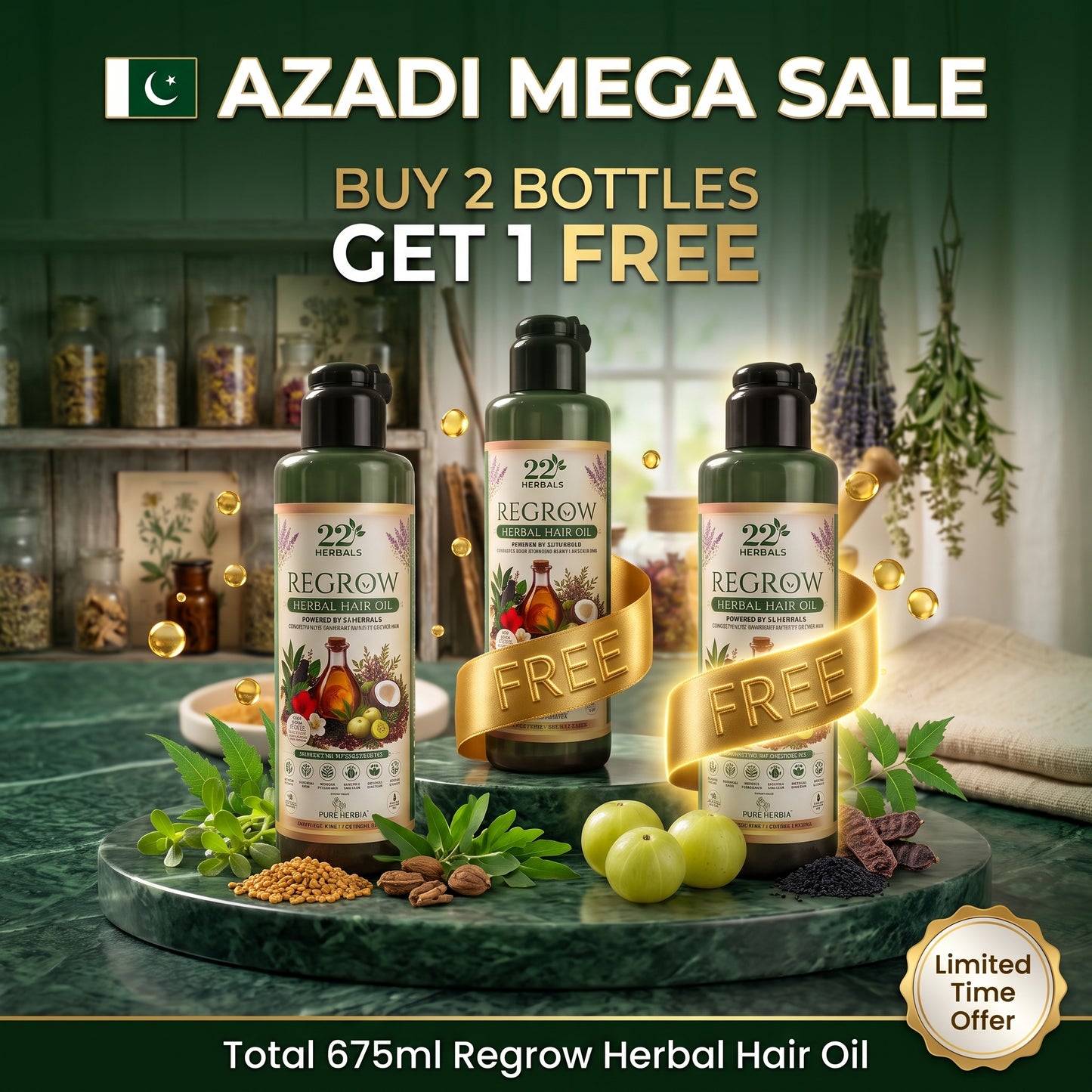 🇵🇰 Azadi Special | Buy 2 Get 1 FREE – Regrow Herbal Hair Oil | 3 x 225ml Bundle