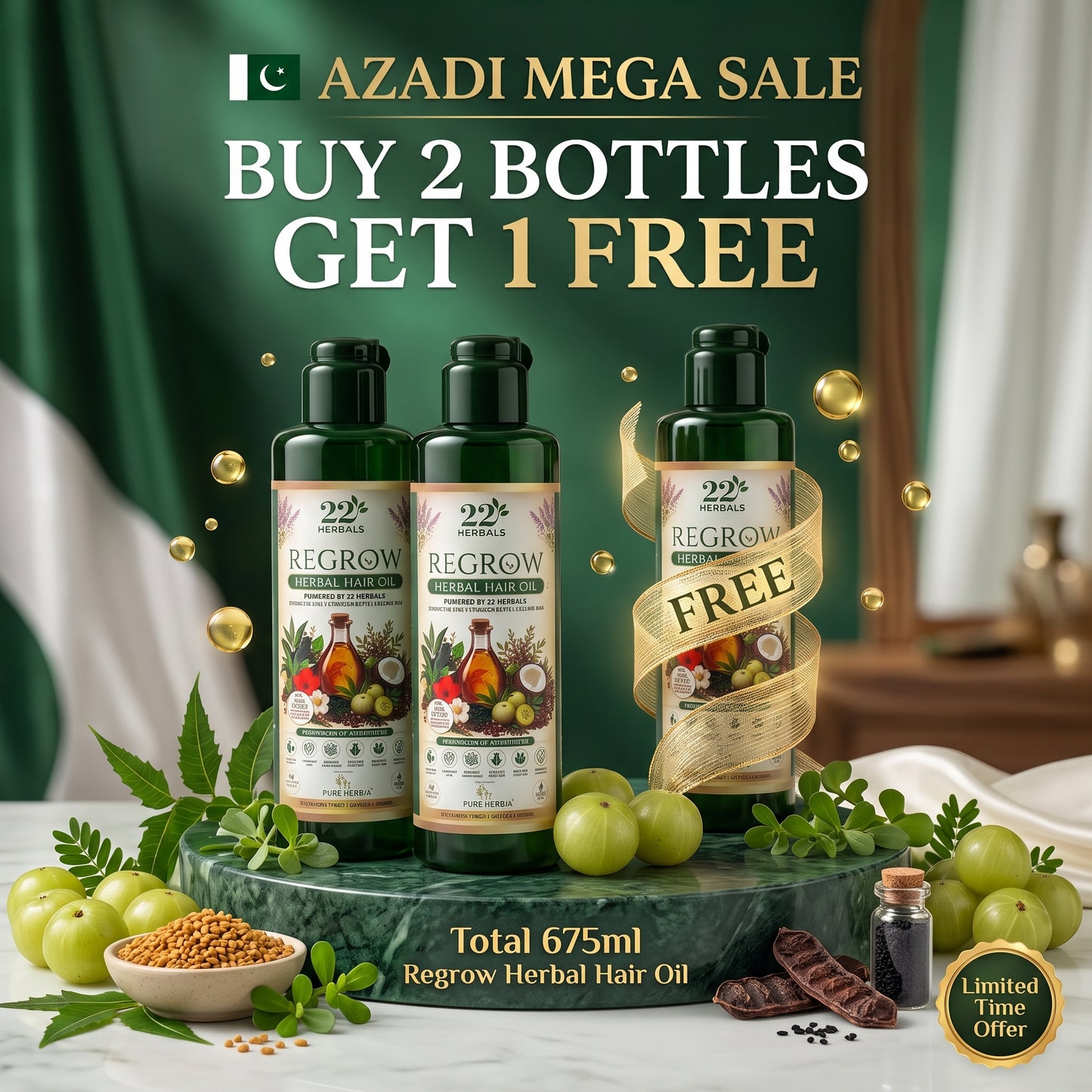 🇵🇰 Azadi Special | Buy 2 Get 1 FREE – Regrow Herbal Hair Oil | 3 x 225ml Bundle