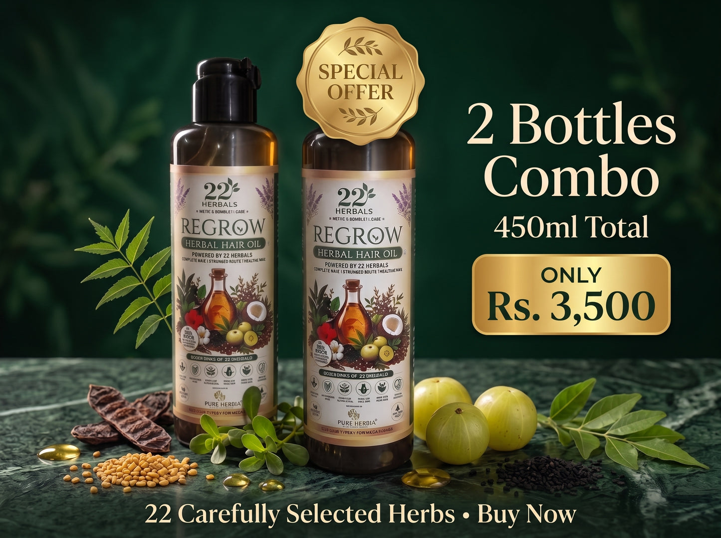 Regrow Herbal Hair Oil (2 Bottle Combo) – Buy 2 x 225ml Bottles for Only Rs. 3,500 | 22 Herbal Ingredients